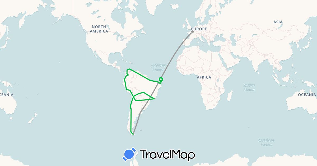 TravelMap itinerary: driving, bus, plane in Argentina, Bolivia, Brazil, Chile, Colombia, Ecuador, France, Peru (Europe, South America)
